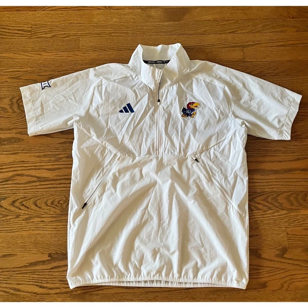 Adidas Kansas Jayhawks Mens White Short Sleeve 1/4 Zip Windbreaker Jacket Medium